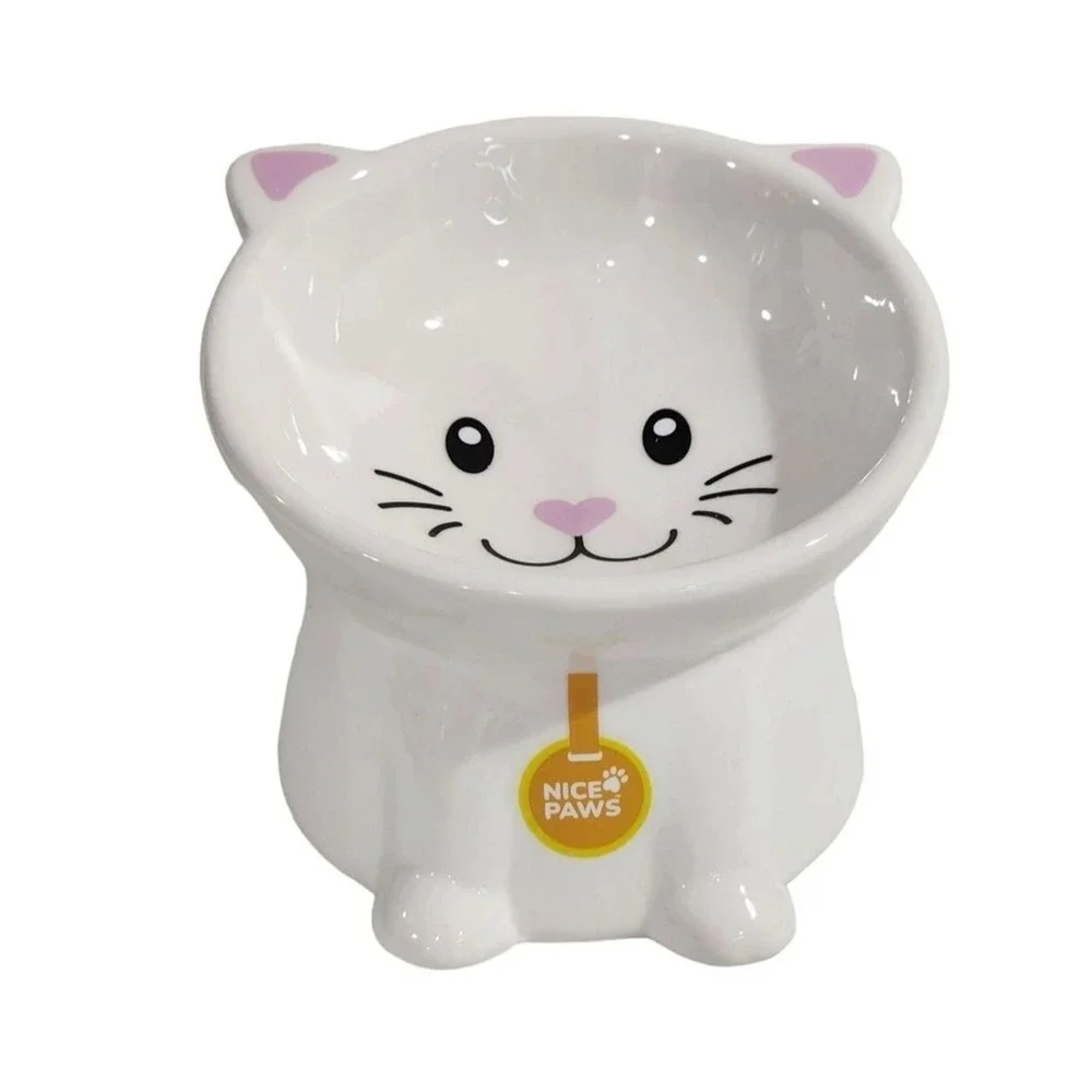 Nice Paws Ceramic Tilted And Elevated Kitty Cat Food‎ Bowl White Kitties/ Adults